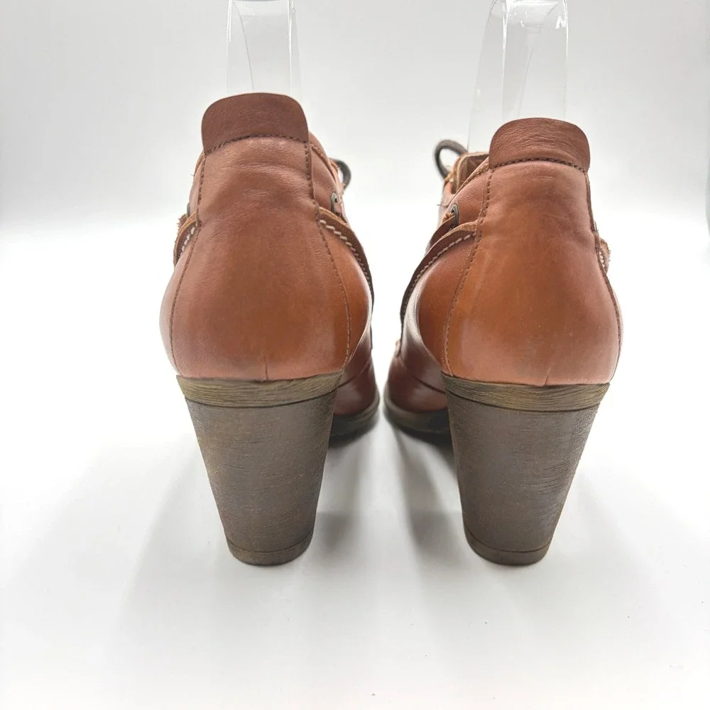Greyder Cognac Leather Heeled Loafer Booties Size 38 7.5 Lace Up Boat Shoe Style